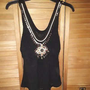 Moda International SZ XS Black Cable Knit Low Cut Tank w/Bead Decoration